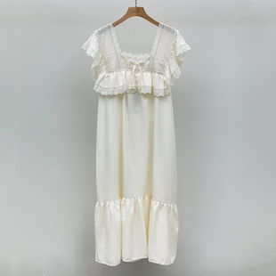 LUNALUZ韩国睡裙女2025夏季 家居裙 新品 纯色甜美蕾丝花边方领短袖