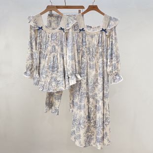 LUNALUZ韩国2024秋甜美蕾丝花边莫代尔棉方领长袖 睡裙女 睡衣套装