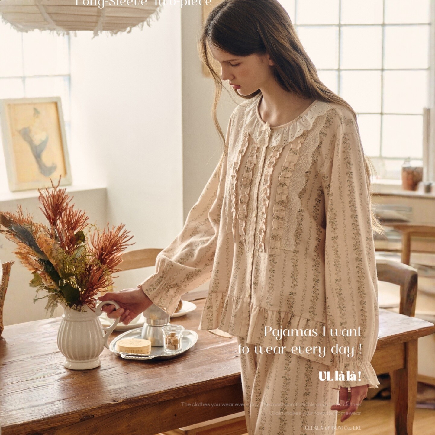 ULLALA韩国2025秋冬磨毛纯棉甜美蕾丝边碎花圆领长袖裤睡衣套装女