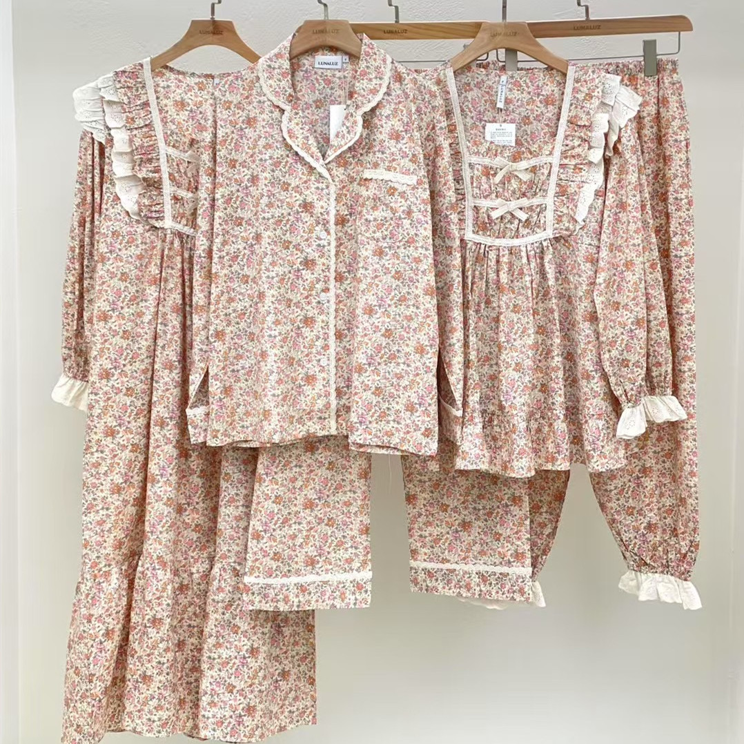 LUNALUZ韩国2025春纯棉甜美蕾丝花边方领碎花长袖睡衣套装睡裙女