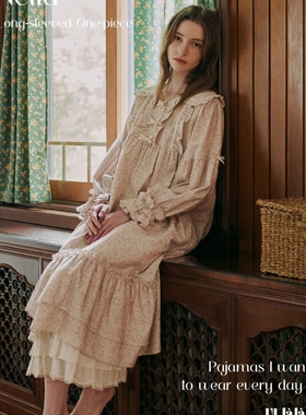 ULLALA韩国乌拉拉睡裙2025秋冬磨毛纯棉甜美碎花娃娃领长袖家居裙