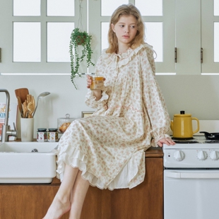 ULLALA韩国乌拉拉睡裙女2026春季 家居裙 新甜美蕾丝边碎花圆领长袖