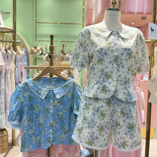 家居服套装 BALCONY韩国睡衣女2025夏季 裤 纯棉甜美娃娃领时尚 短袖