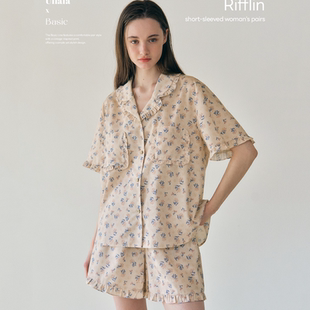 ULLALA韩国乌拉拉睡衣女2025夏季简约小碎花前扣短袖裤家居服套装