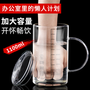 玻璃杯茶杯大容量1L透明水杯家用喝水杯子男办公室超大带盖把手