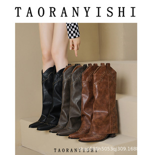 高跟靴显腿直冬季舒适好走西部靴女铆钉裤管靴百搭粗跟长筒靴柔软