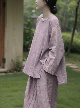 山千念壹春季新品 文艺做旧拼布T恤女棉麻温婉宽松显瘦设计感上衣