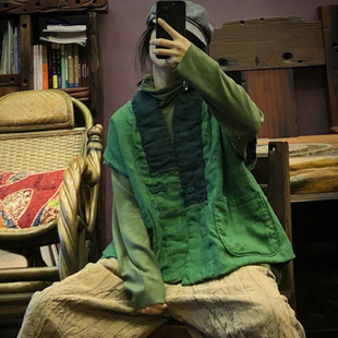 孤品清仓落古泥原创复古风女装改良汉服纯亚麻水洗撞色宽松棉坎肩