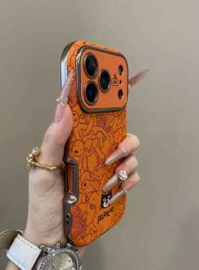 创意橙底线条动物吉利猫适用iPhone17promax手机壳15新款17pro网红女款13创意全包防摔16pro超好看17保护套