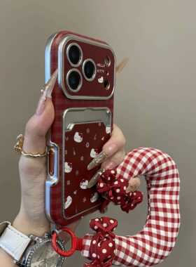 可爱红格纹雪花KT猫卡包适用iPhone17promax手机壳15新款17pro网红女款13创意全包防摔16pro超好看17保护套