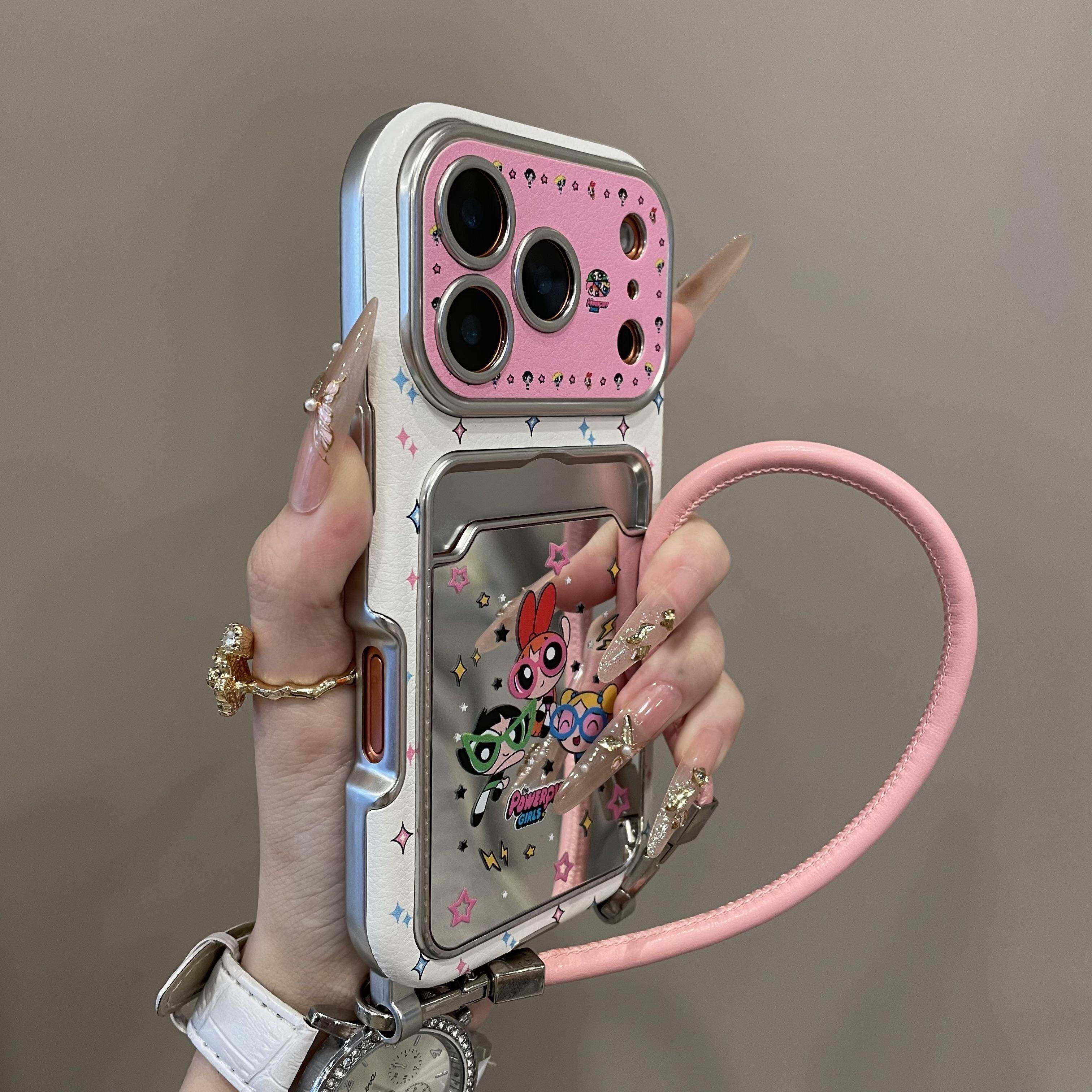 卡通飞天小女警镜面卡包适用iPhone17promax手机壳15新款17pro网红女款13创意全包防摔16pro超好看17保护套