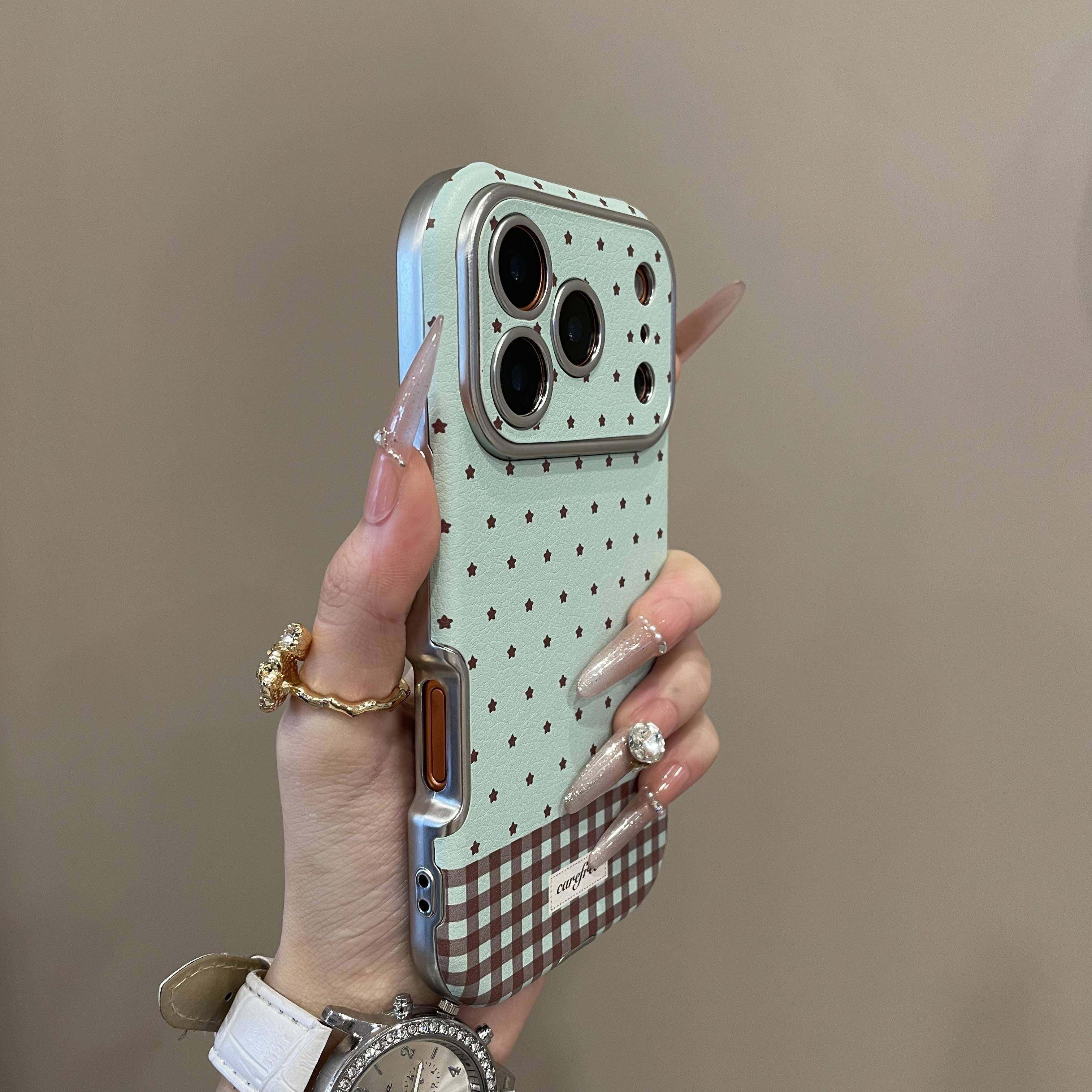 小清新薄荷绿底星星格纹适用iPhone17promax手机壳15新款17pro网红女款13创意全包防摔16pro超好看17保护套