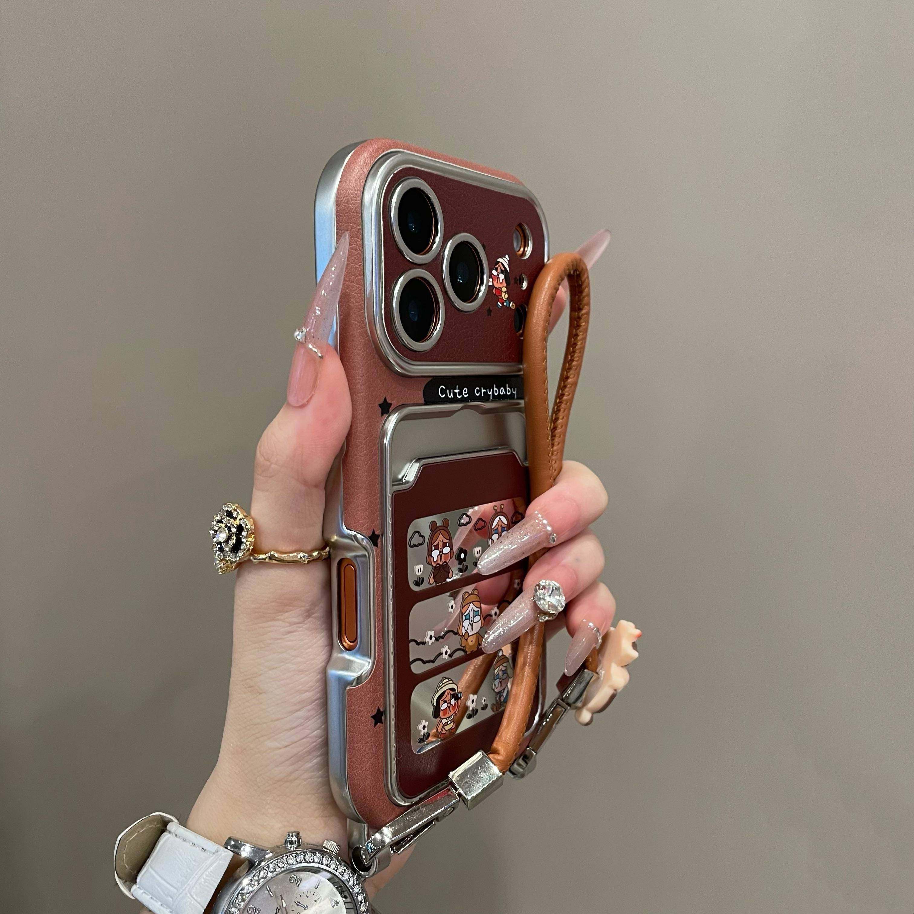 卡通棕底花朵哭娃镜面卡包适用iPhone17promax手机壳15新款17pro网红女款13创意全包防摔16pro超好看17保护套