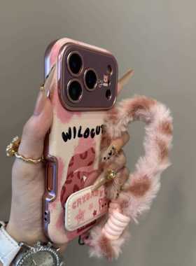 粉色豹纹哭娃猫咪大视窗适用iPhone17promax手机壳15新款17pro网红女款13创意全包防摔16pro超好看17保护套