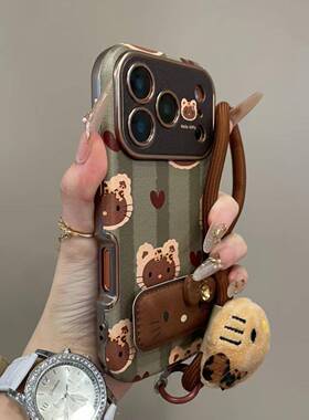 秋冬绿底条纹KT猫挂绳适用iPhone17promax手机壳15新款17pro网红女款13创意全包防摔16pro超好看17保护套