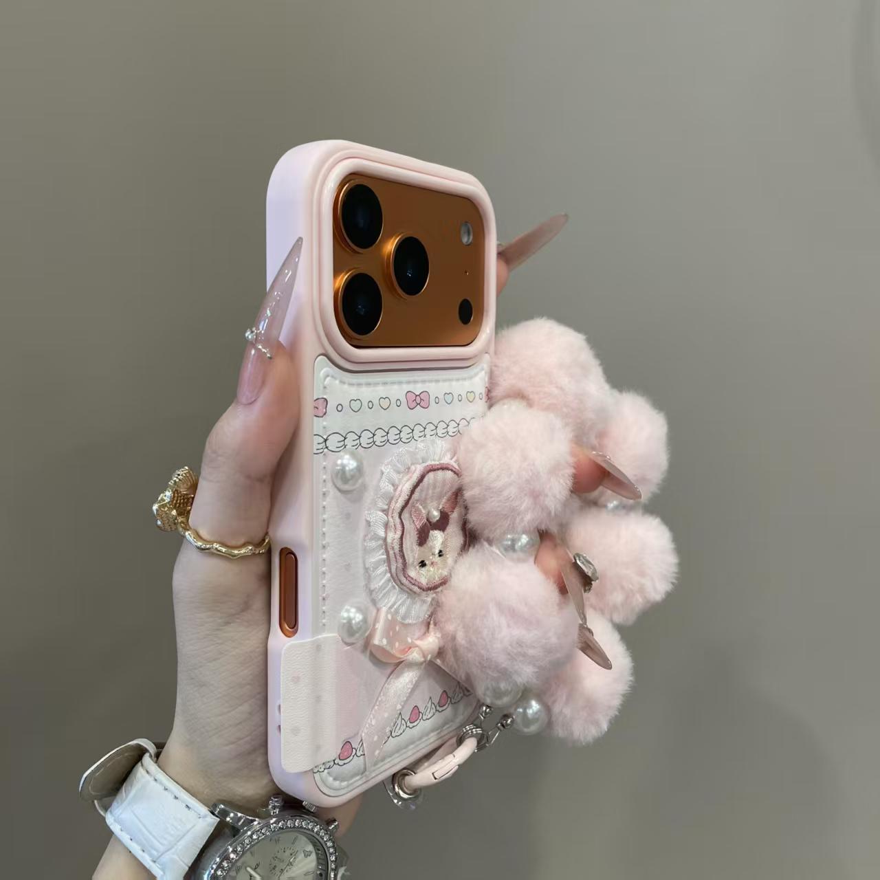 少女心珍珠蝴蝶结刺绣小兔适用iPhone17promax手机壳15新款17pro网红女款13创意全包防摔16pro超好看17保护套