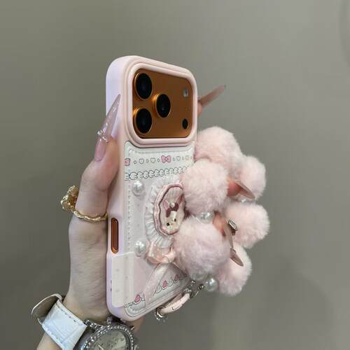 少女心珍珠蝴蝶结刺绣小兔适用iPhone17promax手机壳15新款18pro网红女款13创意全包防摔16pro超好看18保护套