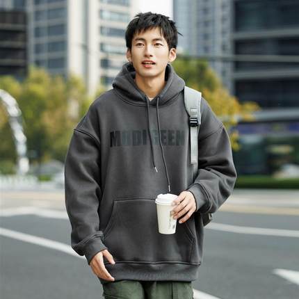2025秋冬新款重磅宽松连帽卫衣男生加绒加厚印花套头帽衫潮牌外套