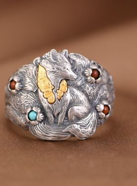 宽面九尾狐狸戒指S925纯银民族风