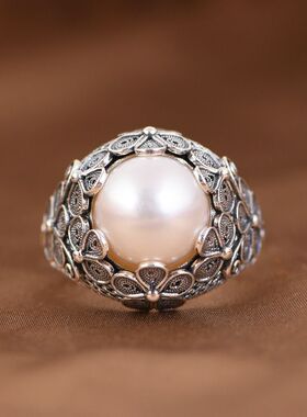 S925纯银蝴蝶小花朵淡水珍珠戒指文艺时尚编织设计感女款古风指环