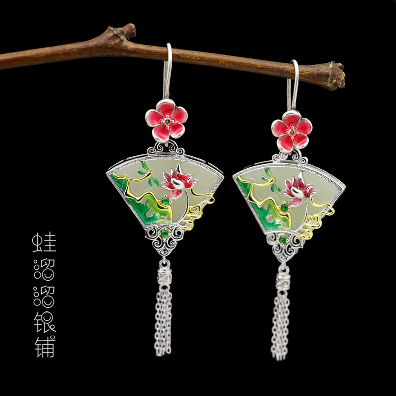 S925纯银镀金扇面荷叶莲花流苏耳环国潮中国风和田玉蜻蜓荷塘耳坠