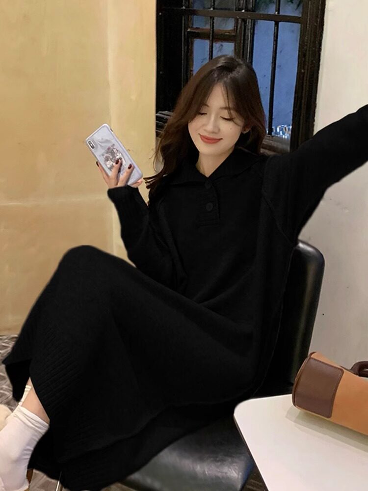 JINGQI MATERNITY DRESS LONG SLEEVE FRENCH SWEET LAPEL KNITTED SWEATER SKIRT LONG LOOSE WEAR AUTUMN AND WINTER CLOTHES