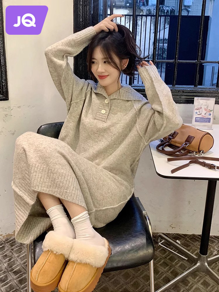 JINGQI MATERNITY DRESS LONG SLEEVE FRENCH SWEET LAPEL KNITTED SWEATER SKIRT LONG LOOSE WEAR AUTUMN AND WINTER CLOTHES