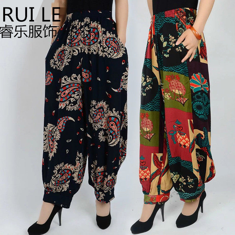 2025夏装棉稠宽松灯笼裤中老年女裤时尚印花民族风休闲裤高腰长裤