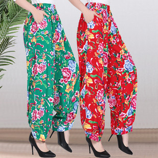 春夏新款 阔腿长裤 高腰棉绸灯笼裤 宽松广场舞裤 女 民族风大码 妈妈装