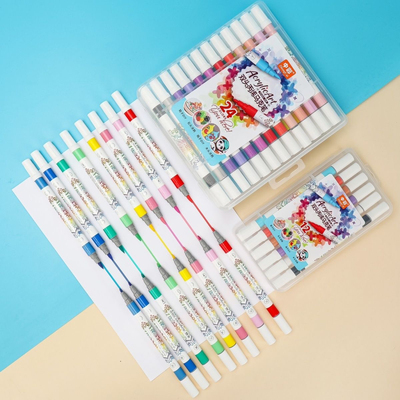 中彩儿童双头丙烯马克笔软硬双头不透色咕卡学生水性防水手绘软头