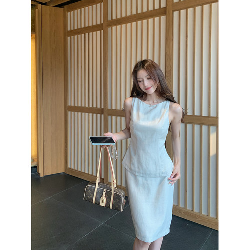 亚麻天丝收腰背心夏半身裙套装女