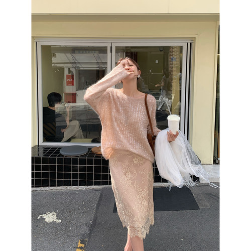 Rian trea雨婷 温柔风蕾丝花边中长半裙复古高腰显瘦气质半身裙