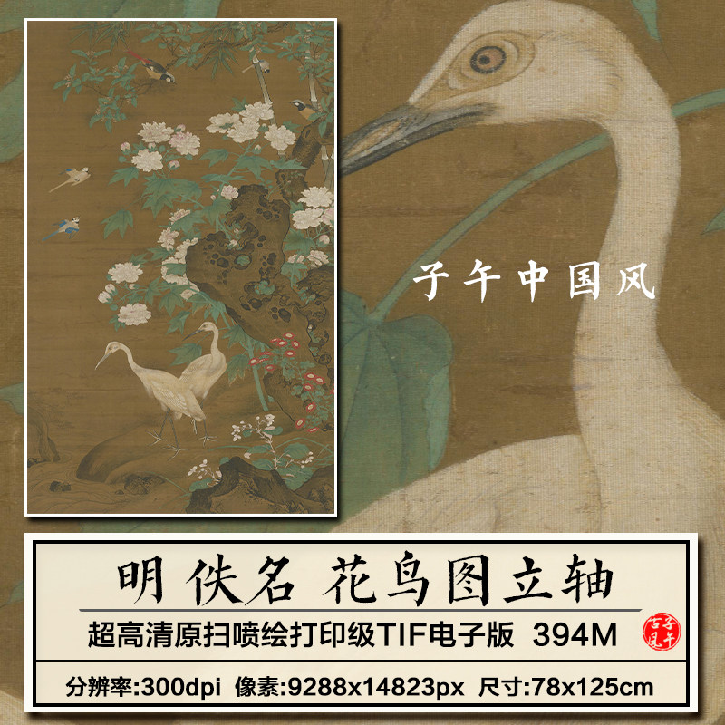 明朝佚名花鸟图轴古代工笔双鹭绘画装饰打印高清电子版大图片素材