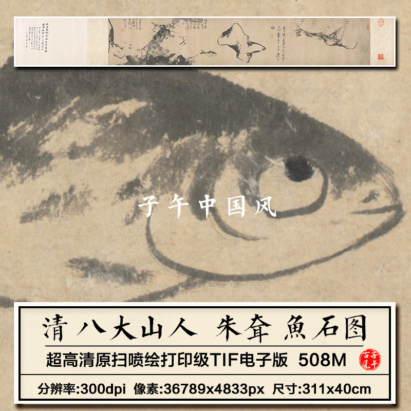 朱耷魚石图清朝古代八大山人水墨绘画打印临摹高清电子版图片素材