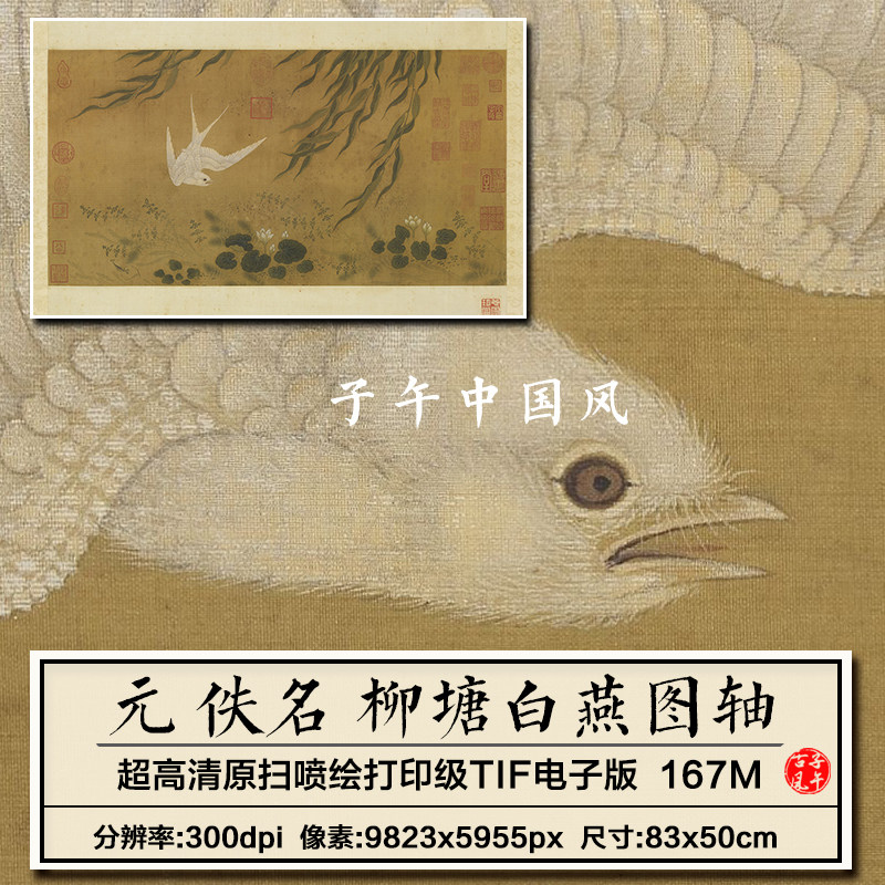 元朝佚名柳塘白燕图横幅古代传统工笔花鸟绘画高清电子版图片素材