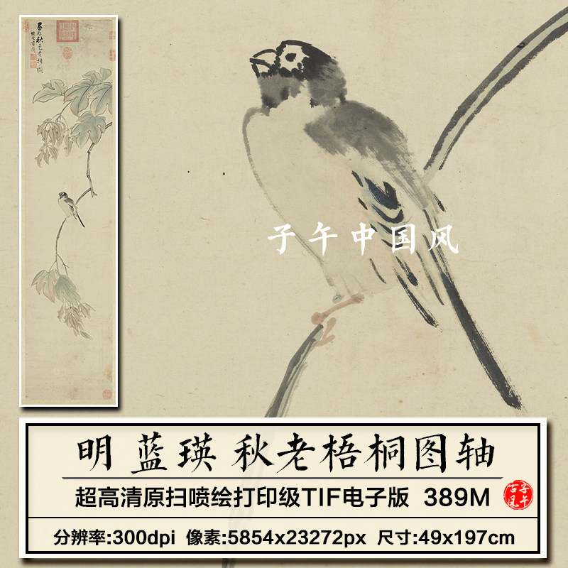 蓝瑛秋老梧桐图轴明朝古代水墨花鸟树木绘画高清电子版大图片素材