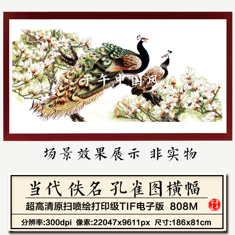 佚名孔雀图巨幅传统古典工笔吉祥鸟装饰画背景高清电子版图片素材