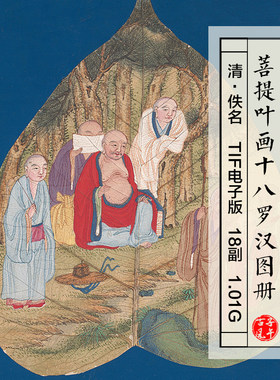 清朝佚名菩提叶画十八罗汉图册18副古代树叶画高清电子版图片素材