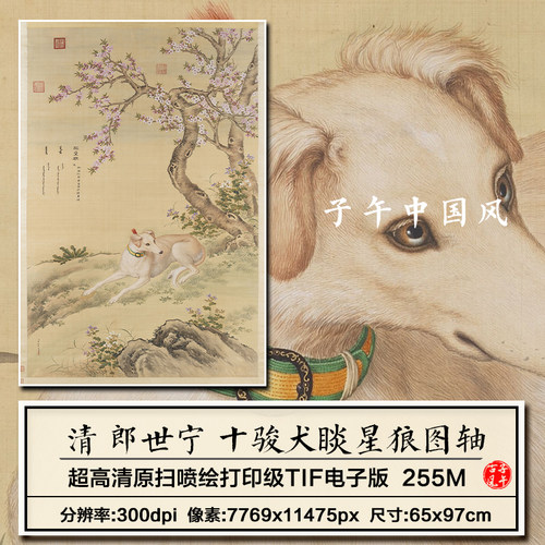 郎世宁十骏犬之睒星狼图清朝古代工笔名狗装饰画高清电子图片素材