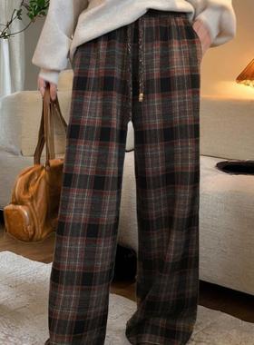 张贝贝ibell设计感磨毛阔腿格子裤女秋季宽松显瘦抽绳直筒休闲裤