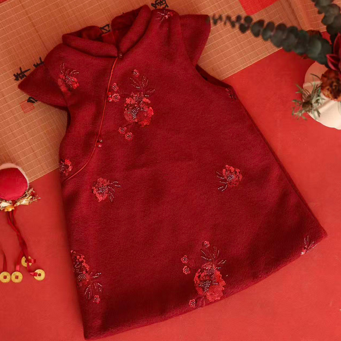 【秒杀】原创女童旗袍红色呢子连衣裙珠片刺绣国风中式拜年服宴会,童装/婴儿装/亲子装,连衣裙,淘宝优惠券,粉丝福利购,淘宝优惠卷