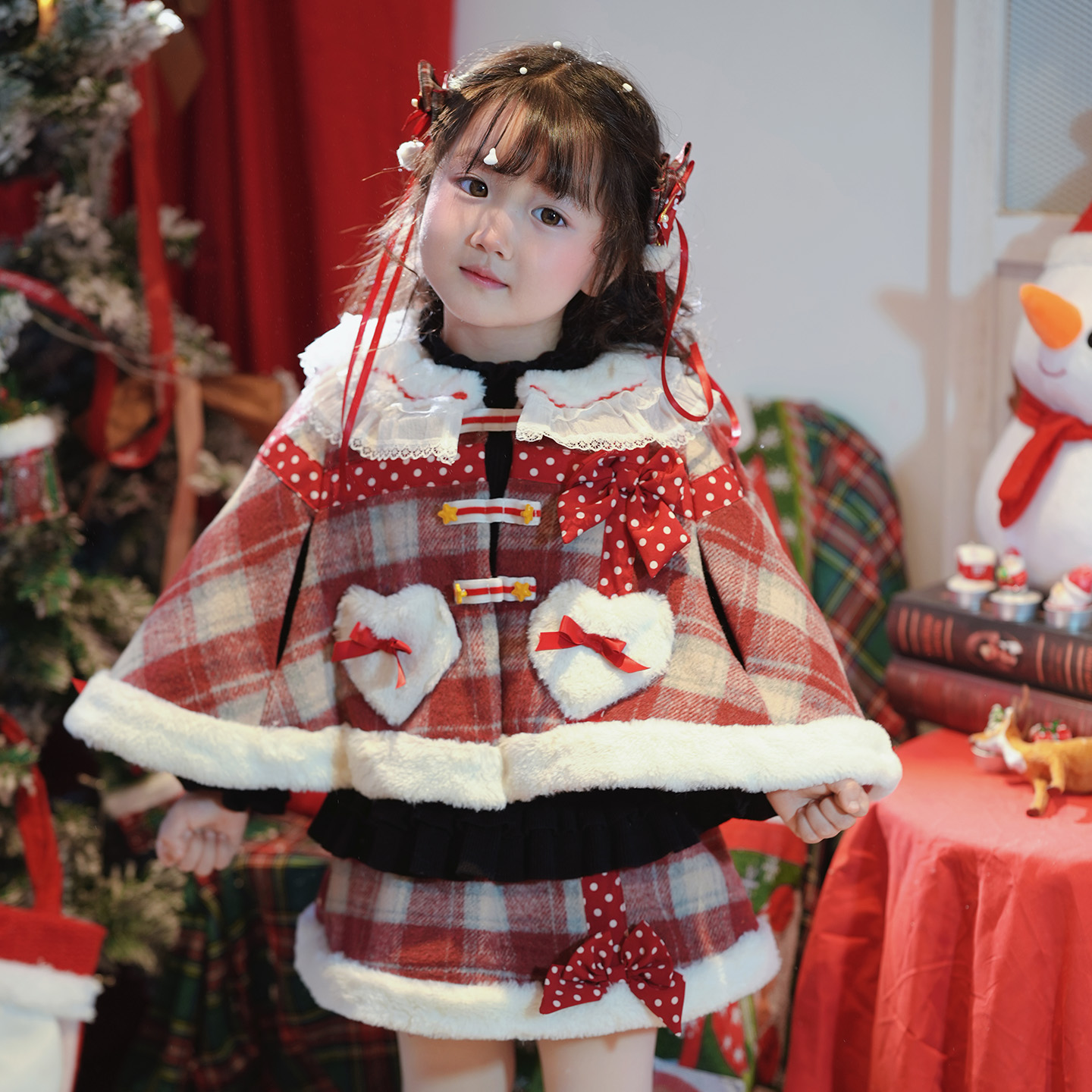 斗篷女童两件套保暖格子上衣