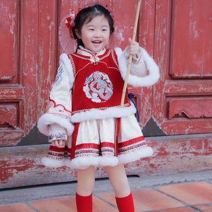 原创女童连衣裙套装加绒秋冬款中式国风洛丽塔新年春节礼裙拜年服