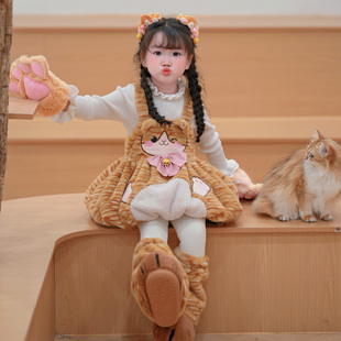 粗腿原创招财三花猫女童花苞裙秋冬新款可爱COS服背带裤日常穿搭