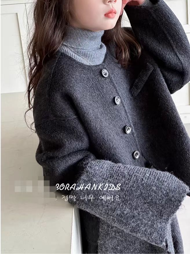 韩版女童双面羊绒外套2024秋冬儿童呢子短款套装哈伦裤两件套