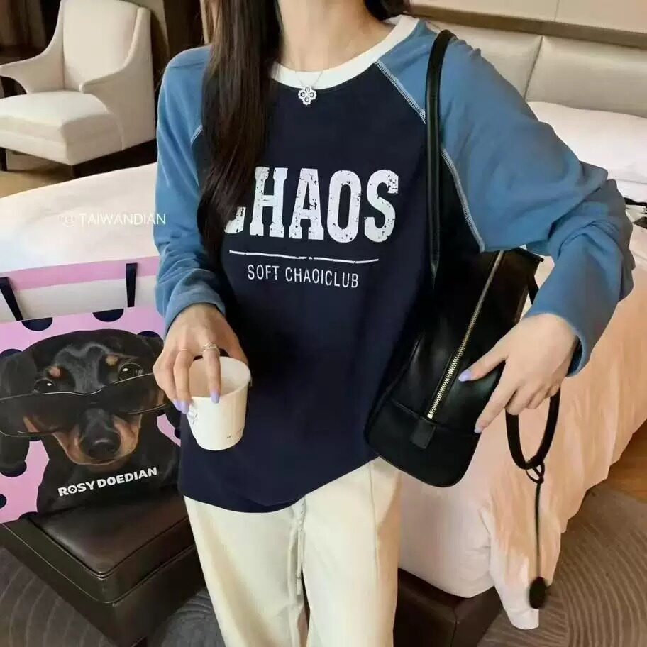 秋冬美式休闲磨毛字母打底女T恤