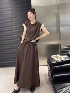 欧洲站2023夏季新款韩系圆领落肩拼色T恤开叉A字裙两件套套装裙女
