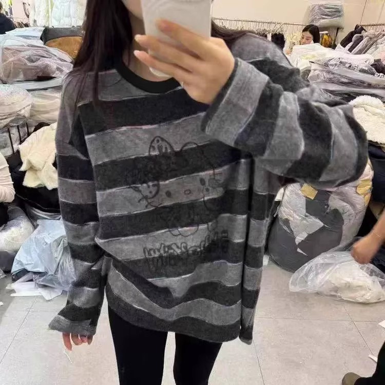 韩系卡通猫咪印花复古条纹T恤女