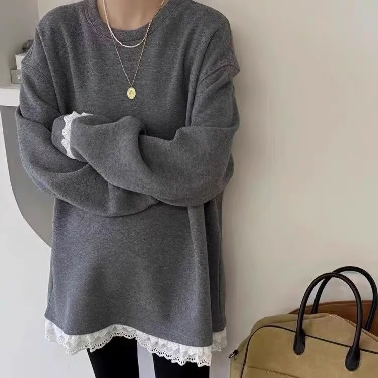 下摆蕾丝花边拼接加绒卫衣女