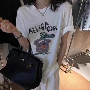 四季 T恤女上衣 青2025春夏新款 棉质宽松萌趣卡通鳄鱼印花减龄短袖